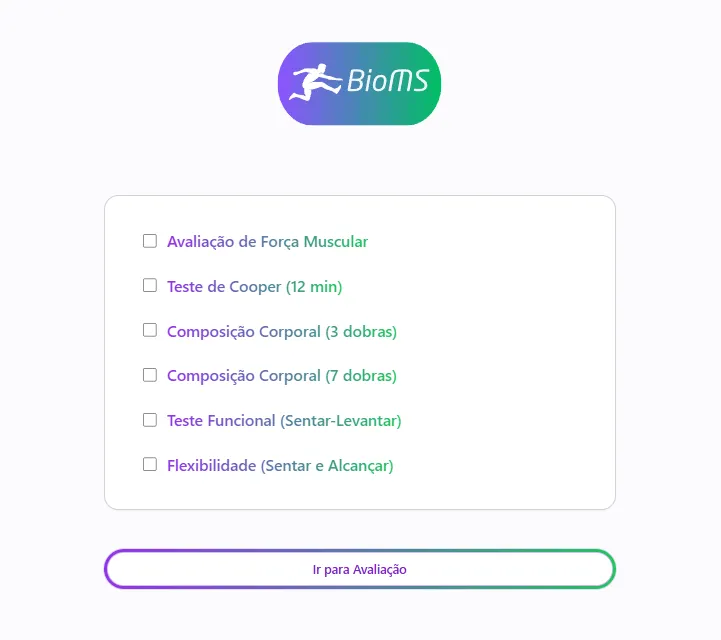 Painel da plataforma BioMS Pro, com a lista de avaliações disponíveis